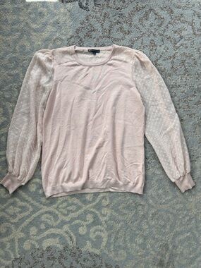 Adrianna Papell Sheer Swiss Dot Puff Sleeve Sweater Peach Medium
